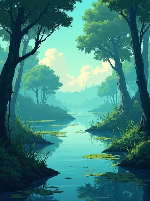 Wallpaper style image for a medium sized phone showing an empty top of a swamp. Inspired by Studio Ghibli. 2D design without vegetation, people, animals, ghosts, or characters.