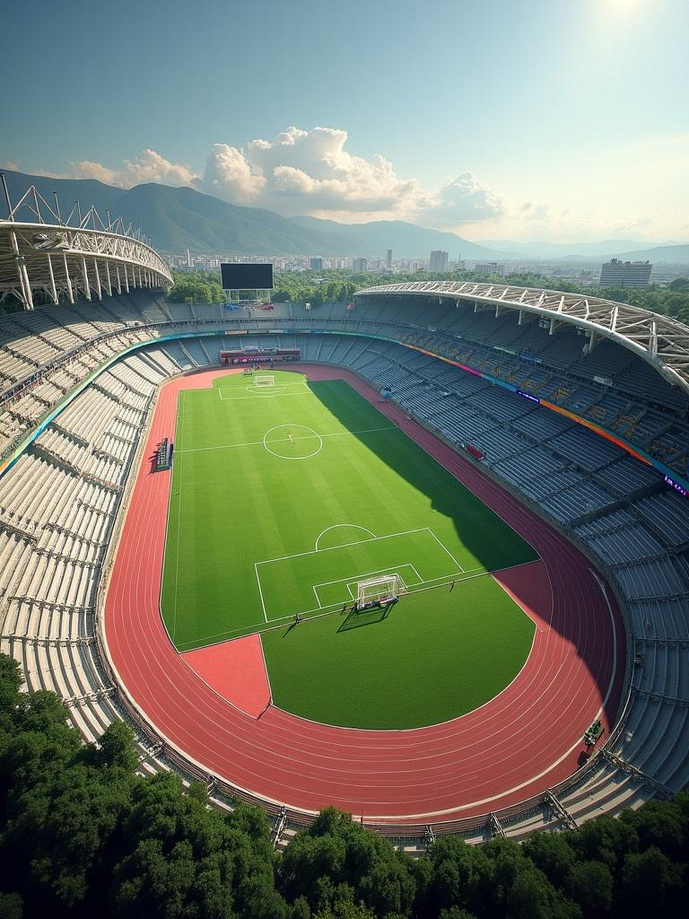 An aerial view of a unique stadium combining features of traditional Olympic stadiums and soccer specific stadiums. The stadium has two tiered stands on east and west sides and a single tier on north and south. It can hold 60,000 people. A traditional running track is along the east and west sides with the pitch adjacent to the north and south stands.