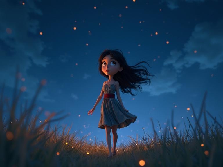 A character in a simple dress walks under a starry night sky. She is looking upwards, trying to catch falling stars. The scene has a bohemian feel. The background features glowing stars and soft grass. The atmosphere is dreamy and enchanting.