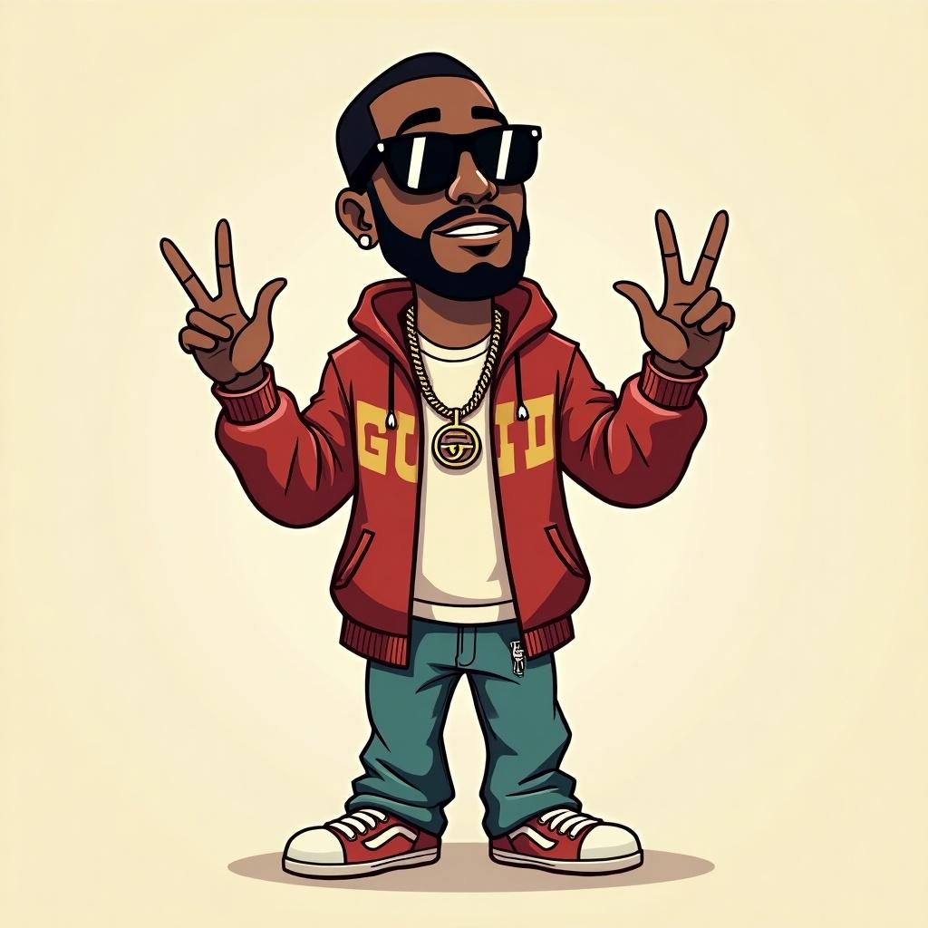 The image features a cartoon man wearing stylish Gucci clothing. He exudes a chill vibe as he poses confidently. With a big smile, he throws up peace signs, embodying a relaxed and carefree attitude. His outfit showcases vibrant colors, representing street fashion trends. The character is designed to appeal to a young audience, making him a prime candidate for becoming a meme sensation.