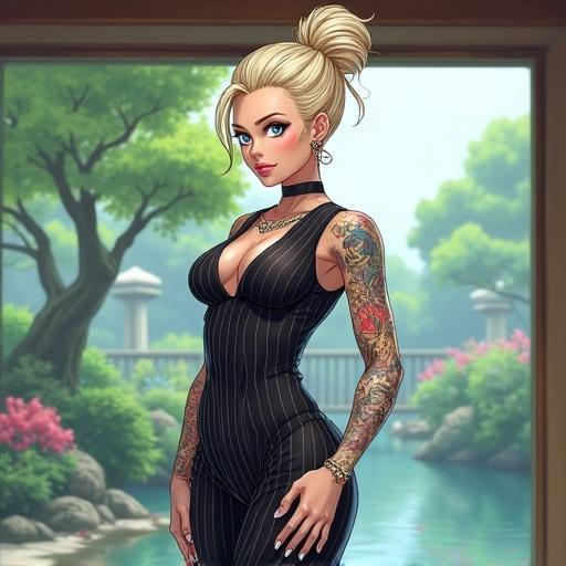Anime style illustration depicting a beautiful woman in a professional pinstriped dress. She has oversized light blonde hair styled in a high bun and frosted blue eyes. Features colorful Japanese tattoos and piercings. Standing in a luxurious Japanese garden of Kamakiri Industries. Muscular build, prominent features, and extroverted expression. Setting is modern and vibrant.