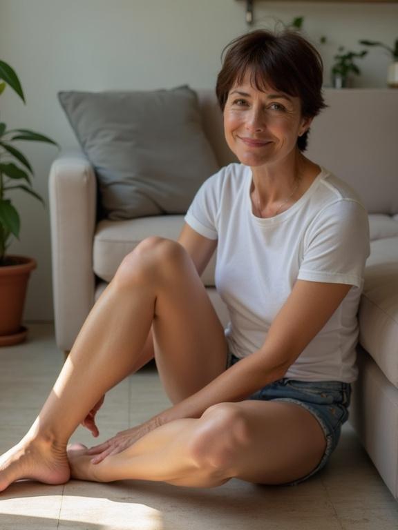 Woman sitting on the floor in casual clothing. She has short brown hair and a warm smile. The living room is comfortable with plants and a sofa in the background. Natural light illuminates the scene. Her legs are crossed elegantly.