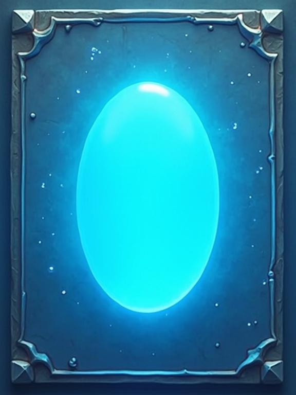 Fantasy card back design for trading card games with a light blue color scheme. Features a clean layout with a glowing blue oval stone centered. Symmetrical 2D art.