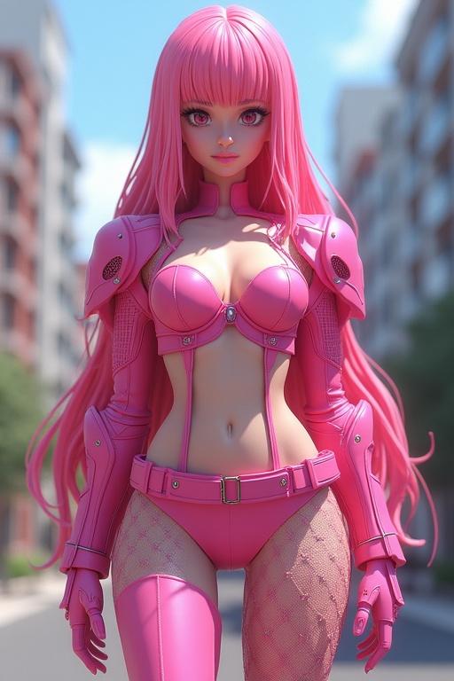 3D model action figure vibrant pink outfit Full body representation woman long pink hair Futuristic haute couture armor design fishnets Urban environment background Anime style character confident