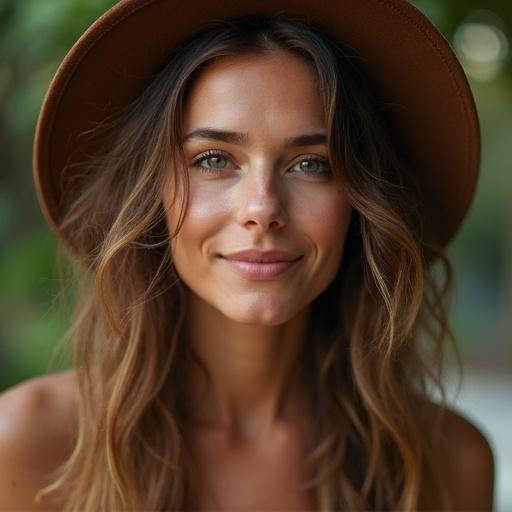 Closeup shot of a female artist with long hair and a smile. Wearing a large hat. Natural background. Evokes a hippie feel and bohemian fashion.