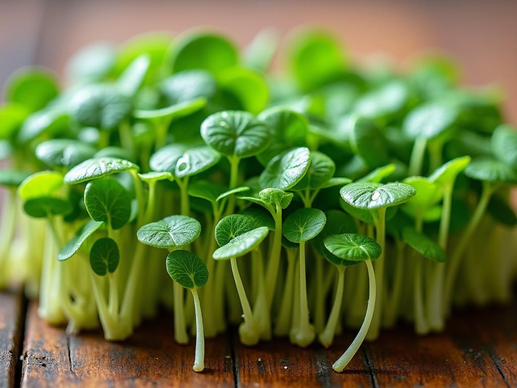 The image depicts a lush, green cluster of seedlings, close to the viewer. The small, round leaves are vibrant and healthy, sitting atop slender white stems. This lush arrangement is set against a rustic, wooden surface, enhancing its organic feel. Soft natural lighting illuminates the seedlings, highlighting their fresh appearance. The focus shows the intricate details of the leaves and stems, making a beautiful presentation of young plants ready for consumption or further growth.