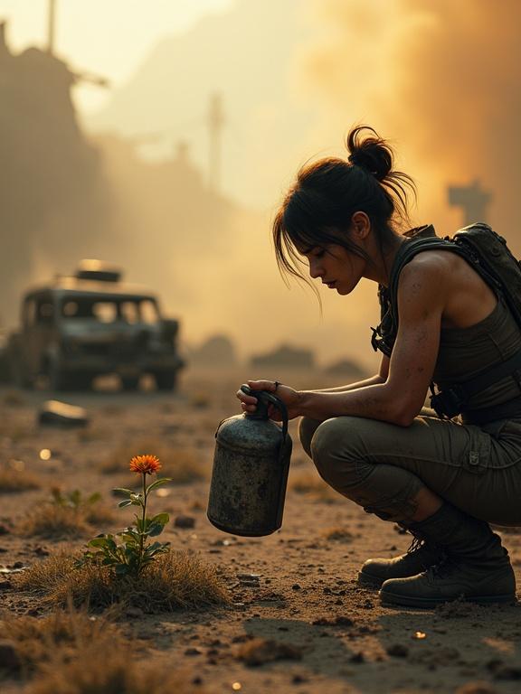 A desolate post-apocalyptic landscape with ruined cars and broken infrastructure. A female warrior in tattered gear is crouched down. She pours water from a dented canteen onto a blooming flower. The setting is filled with swirling dust and smoke. Golden rays illuminate the scene. The angle is low and focused on the girl's connection with the flower.