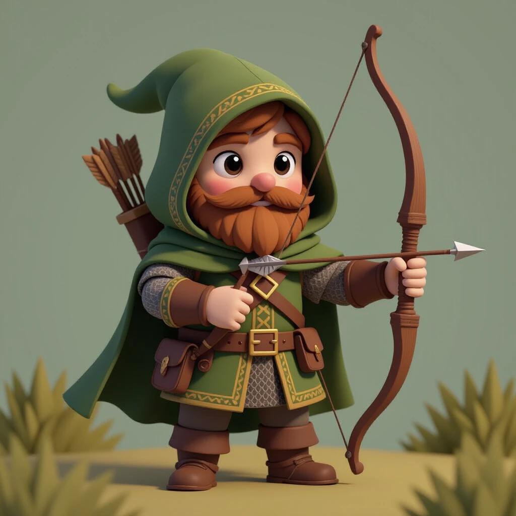 Create a medieval character of an archer. Tiny 3D style. Character wears a green hooded cloak. Holds a bow and arrow. Has a quiver of arrows on the back. Styled in a cartoonish way. Suitable for video games and animation.