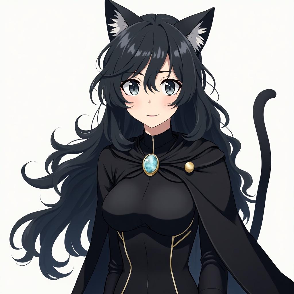 A teenage character from an anime styled as a female version of Aizawa. Features include pale skin, silver cat-like eyes, full lips, a button nose, heart-shaped face, and long black hair styled in a braided half-up hairstyle. Dressed in a black bulletproof leotard, hooded cloak, choker with a moonstone, fingerless gloves, thigh-high stockings, combat boots, and equipped with a utility belt. Character exhibits cat features like ears and a tail, with a Neko quirk granting enhanced abilities.