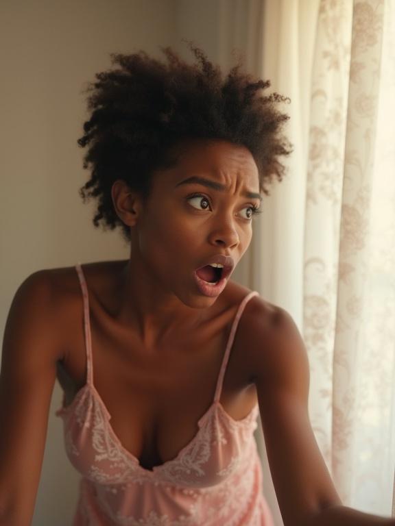 Photograph of a woman in shock in a light pink nightie. She has natural hair and a surprised expression. Background has soft, warm lighting with a white floral curtain. Focus on her emotion and vulnerability.