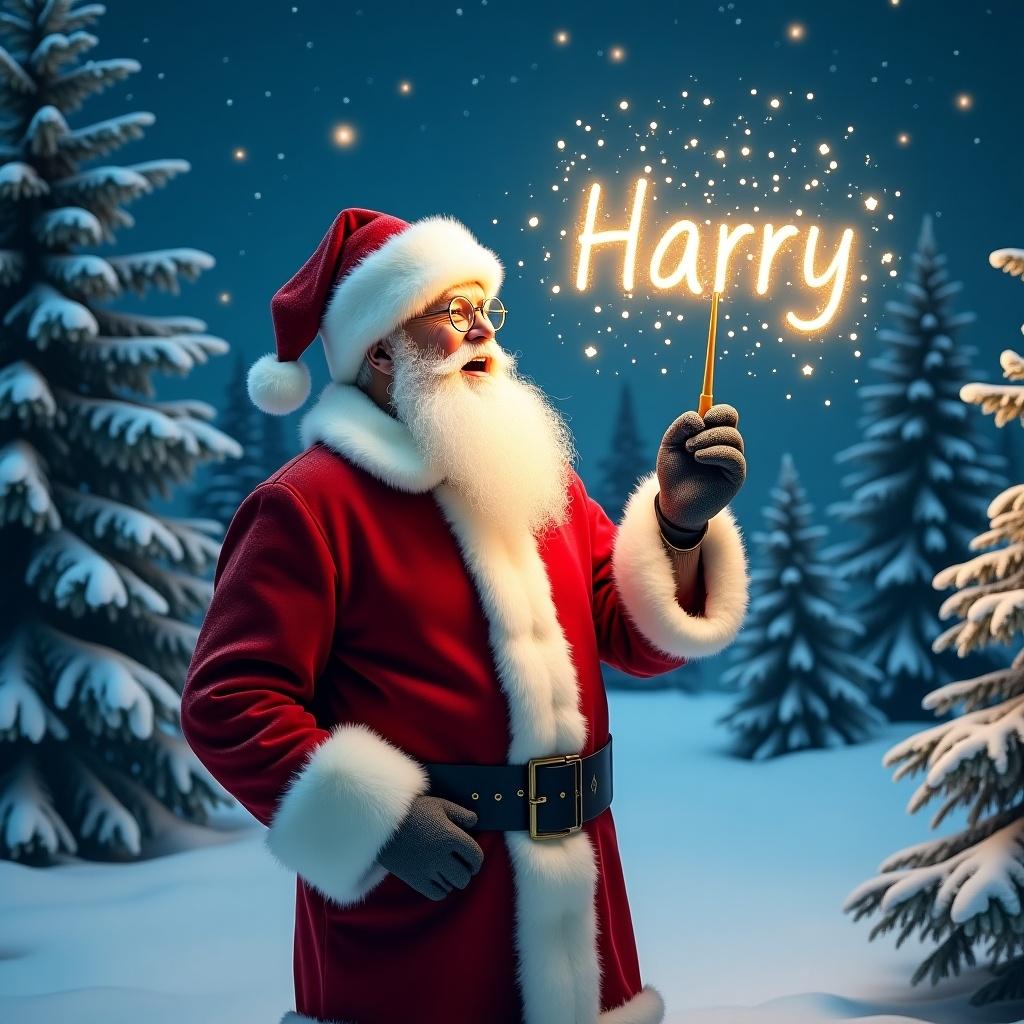 Jolly Santa Claus in a snowy landscape. Santa holds a magical wand shining with sparkles. He wears a classic red suit with white fur trim. Eyes twinkle with joy while writing names in the sky. Surrounding scene features snowy evergreen trees and starry night sky. Festive and magical atmosphere for holiday season.