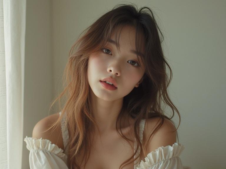 A young Japanese model posed in a close-up portrait. Natural makeup and casual attire create a serene look. The model exudes confidence with a soft expression. Wind tousles her hair gently, highlighting her natural beauty.