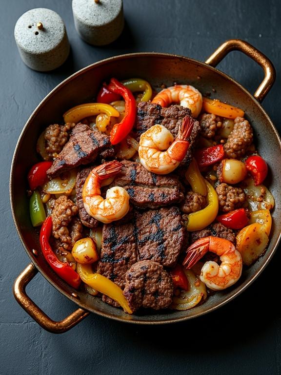 A cinematic top-down view of a rustic metal pan with bronze handles on a matte black surface. Inside a sizzling mix of grilled beef strips and shrimp tossed with vibrant bell peppers and sautéed onions. Two gray stone shakers in upper left. Soft natural lighting highlights colors and textures.