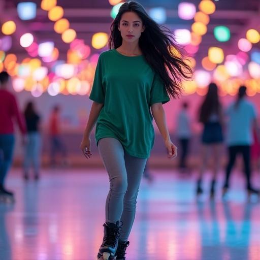 Beautiful woman roller skating in a vibrant rink. Oversized green T-shirt and gray jeans. Long black hair flowing. Confident expression. Colorful lights in the background. Energetic and lively scene. Realistic and detailed.