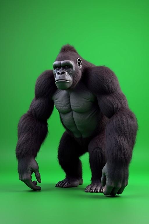 3D gorilla character posed on a bright green screen. Character features large muscles and a fierce expression. Gorilla is standing upright with arms outstretched.