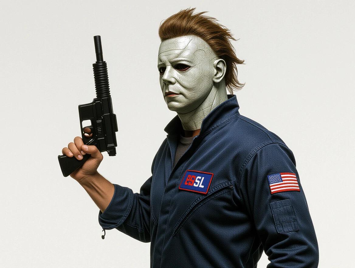 Michael Myers depicted with a muscular physique. Character wears a blue jumpsuit holding a gun. The mask is characteristic of the horror genre.