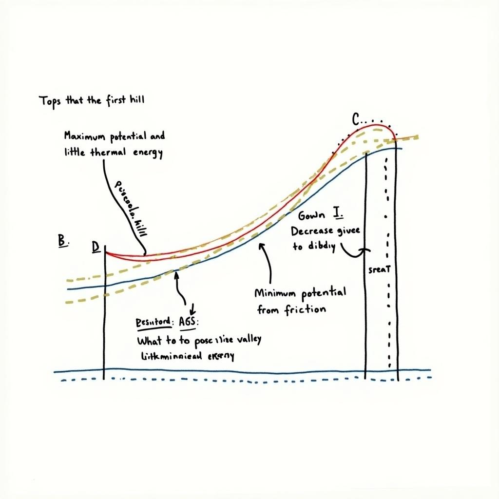 This image illustrates the energy transformation of a cart moving on a hilly track. At Position A, the cart has maximum potential energy and minimal kinetic energy. As the cart descends to Position B, potential energy decreases while kinetic energy increases. At Position C, at the bottom of the valley, the cart reaches maximum kinetic energy and minimal potential energy. Finally, Position D shows the cart climbing the second hill, where potential energy rises again, and kinetic energy decreases. These positions represent the fundamental principles of energy conservation and transformation.