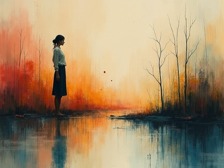 A dreamlike landscape featuring a solitary woman by a reflective body of water. The background displays a colorful sunset, blending soft oranges and muted blues, with trees silhouetted against the horizon. The scene evokes tranquility and contemplation through minimalist and abstract expressions.
