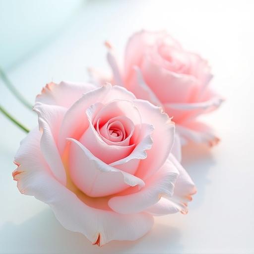 Rococo style roses in light pink and white on a bright white background Soft edges of light pink and light aqua Colors are soft with no dark shadows