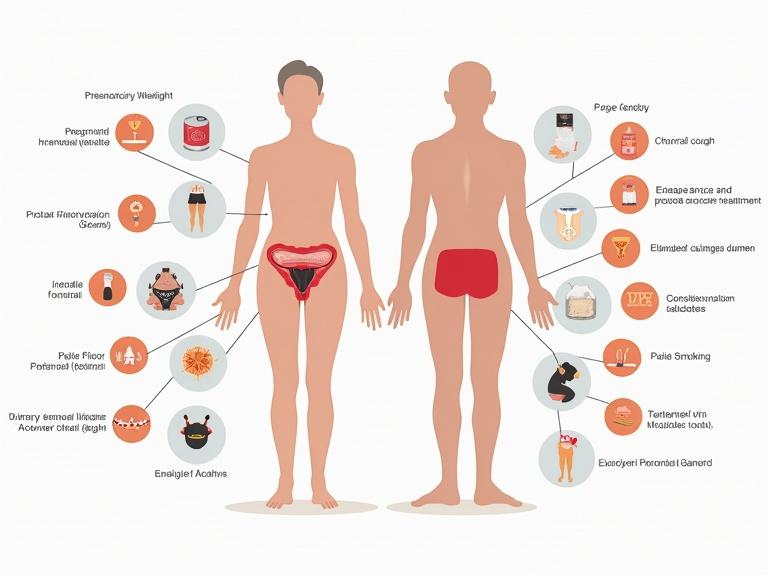 Educational anatomical-style illustration showing causes of urinary incontinence. Simplified male and female pelvic anatomy side-by-side. Key structures include bladder kidney urethra prostate and pelvic floor muscles. Labeled icons show pregnancy weight hormonal changes enlarged prostate prostate cancer treatment and shared factors like obesity chronic cough constipation medications diabetes smoking neurological conditions. Additional elements include bladder irritation and nerve pathways. Use muted medical tones clear symbolic graphics for easy understanding.