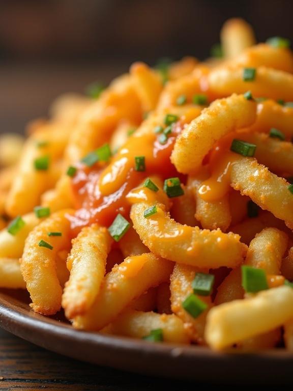 specialty seasoned curly fries topped with nacho cheese and garnished with chopped green onions.