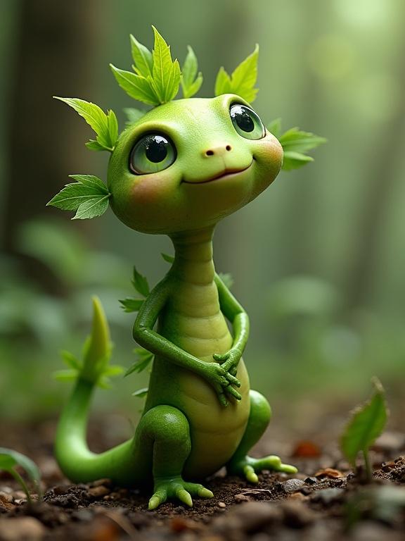 Whimsical plant-like creature with an organic appearance. Vibrant green colors resembling foliage. Natural woodland setting blurred in background. Playful expression and slender, elongated body. Leaf-like structures adorn head and limbs. Stands upright in soil or leaf litter.