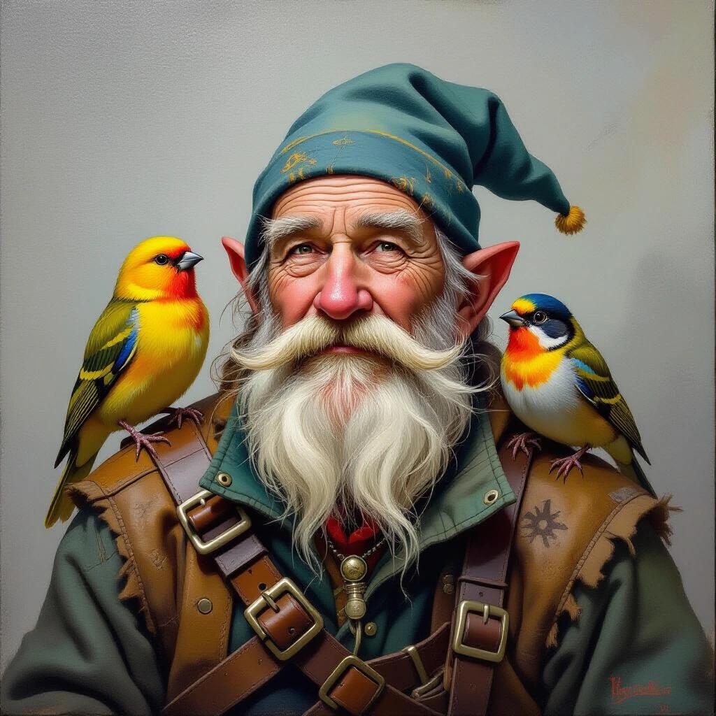 Portrait of an elderly male dwarf wearing mining attire. Two colorful birds perched on shoulders. Set against a gray background. The artwork is created in oil paint style.