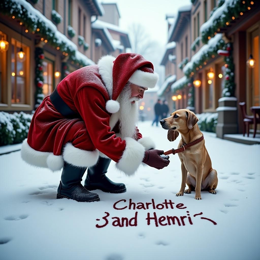 Santa Claus writes names in snow. Dressed in traditional red and white attire. Snowy street with festive buildings surrounds. Soft light creates a warm ambiance. Cheerful and festive mood conveys holiday spirit.