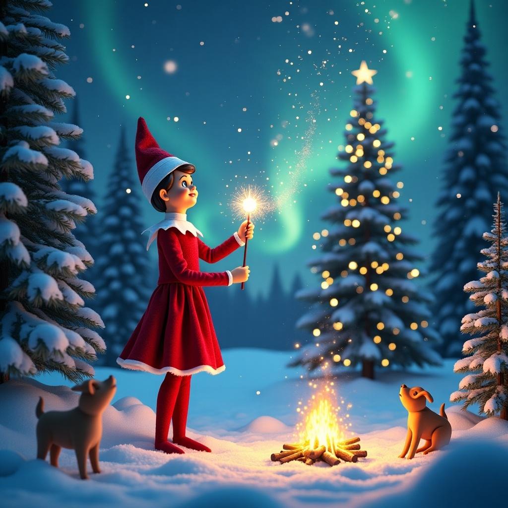 A red elf stands in a snowy forest. Twinkling magic wand writes names in the sky. Snowflakes dance around. Northern lights glow with pink, purple, turquoise. Campfire burns nearby. Christmas tree shines with lights.