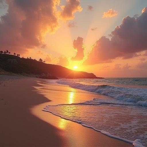 Beach with sand and clean water with dramatic sun set scene