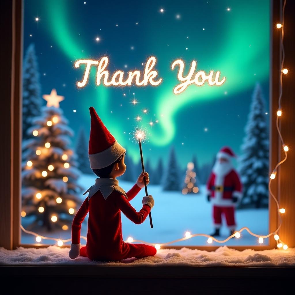 Elf on the shelf sits facing a colorful night sky. He uses a wand to write 'Thank You' in sparkling letters. Background includes Christmas trees and Santa Claus. Scene is magical with northern lights and twinkling decorations. Atmosphere filled with holiday spirit.