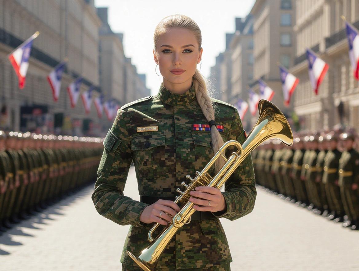 A tall woman in a fitted camouflage military uniform stands confidently, holding a shining trumpet. Her blonde hair is in a low ponytail. She has a serene smile and commanding posture. Background features flags and a parade atmosphere. Bright lighting highlights her appearance.
