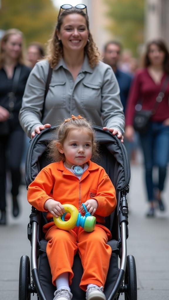 A mother and daughter in a stroller among a lively crowd. The mother is casually dressed. The daughter wears an orange jail jumpsuit and holds a colorful toy. The mother appears dedicated while pushing.