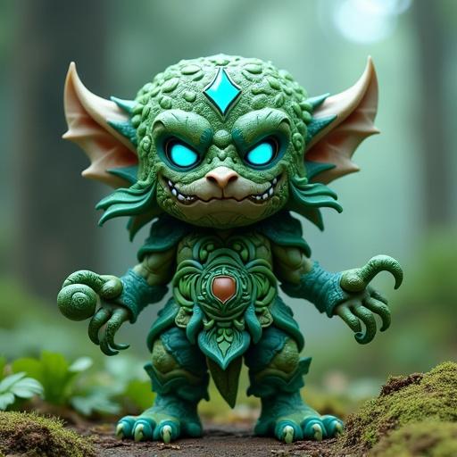 Design a cartoon-style monster toy inspired by collectible figures. This is Vine Whisperer, a mystical figure of the Tribe of the Forest. He stands at 10 cm, wearing vine-themed armor and a mask with glowing blue eyes and leaf sigils. Features molded and stylized parts, vine-like appendages, and a flower-shaped chest emblem. His unique power is Verdant Ensnare, controlling sentient vines. Rendered in cartoonish PVC style with high contrast and bold outlines. Color palette includes green, teal, white, and translucent vine highlights.