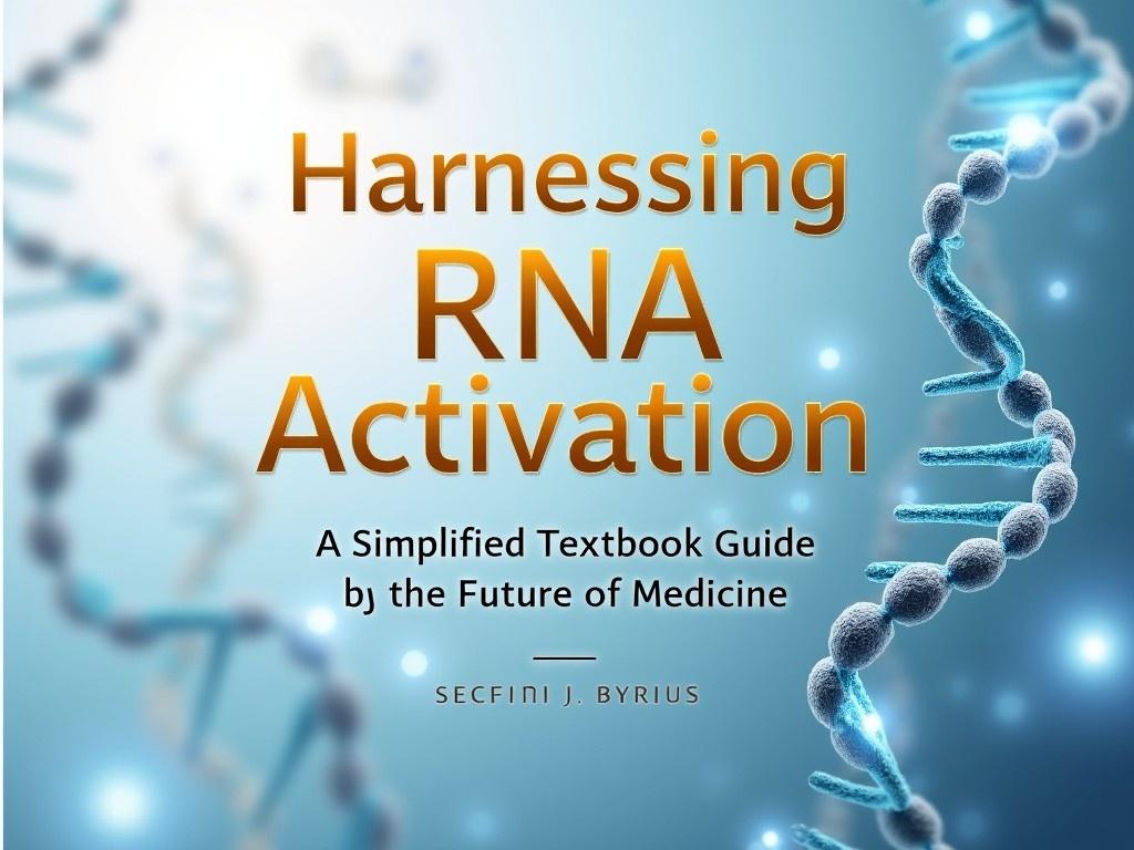 This image features a title that reads 'Harnessing RNA Activation: A Simplified Textbook Guide to the Future of Medicine'. The title is prominently displayed in gold lettering, set against a backdrop of soft blue tones. DNA strands are artistically integrated into the design, enhancing the scientific theme. The overall look is modern and engaging, suitable for educational or medical contexts. The lighting adds a sense of vibrancy, making the text pop against the background.