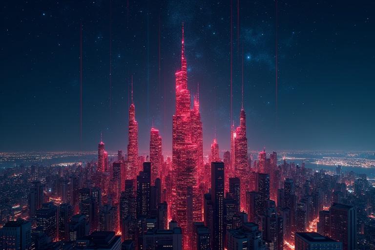 Futuristic cityscape with high-rise skyscrapers in a dark blue starry background. Red cracked skyscrapers replaced by nodes symbolize decentralization. Night view with glowing effects and intricate urban details.