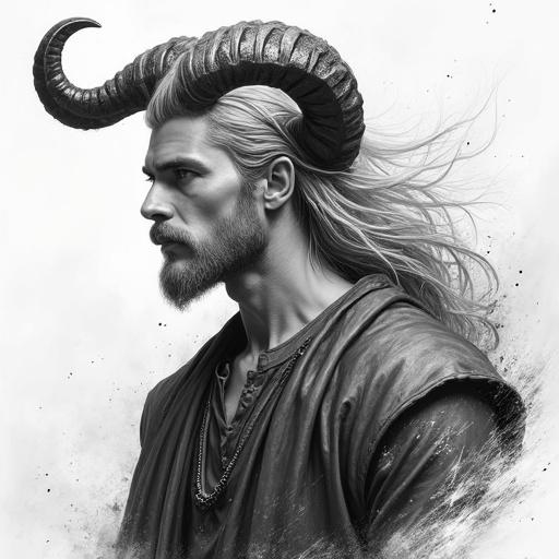 drawing of a man with horns, semi-god, half human, half beast with platinum hair and young appearance and horns
