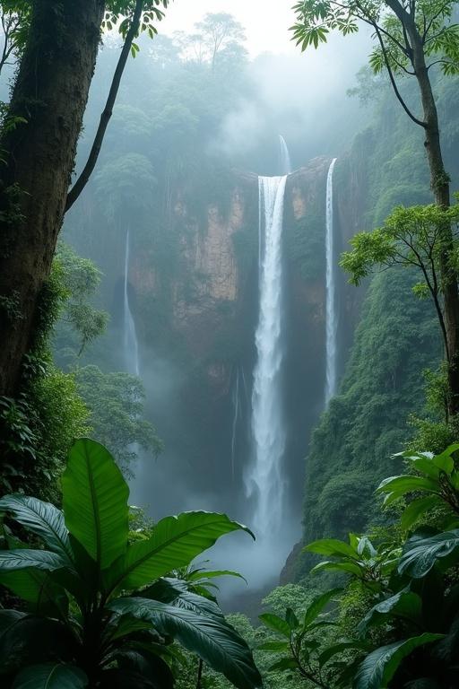 An ultra-realistic rainforest landscape features a tall, narrow waterfall cascading down a lush vertical cliff surrounded by dense tropical vegetation. The scene is enveloped in thick morning mist that creates a mysterious atmosphere. The foreground shows vibrant green foliage, large tropical leaves, and a moss-covered tree trunk. In the midground, multiple slender waterfalls stream down into a hidden jungle basin. The background fades into mist, with silhouettes of trees and vines. The lighting is soft and diffused, casting a calm mood.