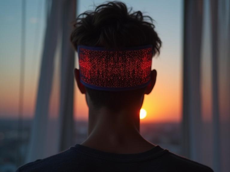 EEG headband emits alpha wave-inducing pulses. Morning meditation session captured in soft lighting with a glowing effect. View from behind the person against the sunrise.