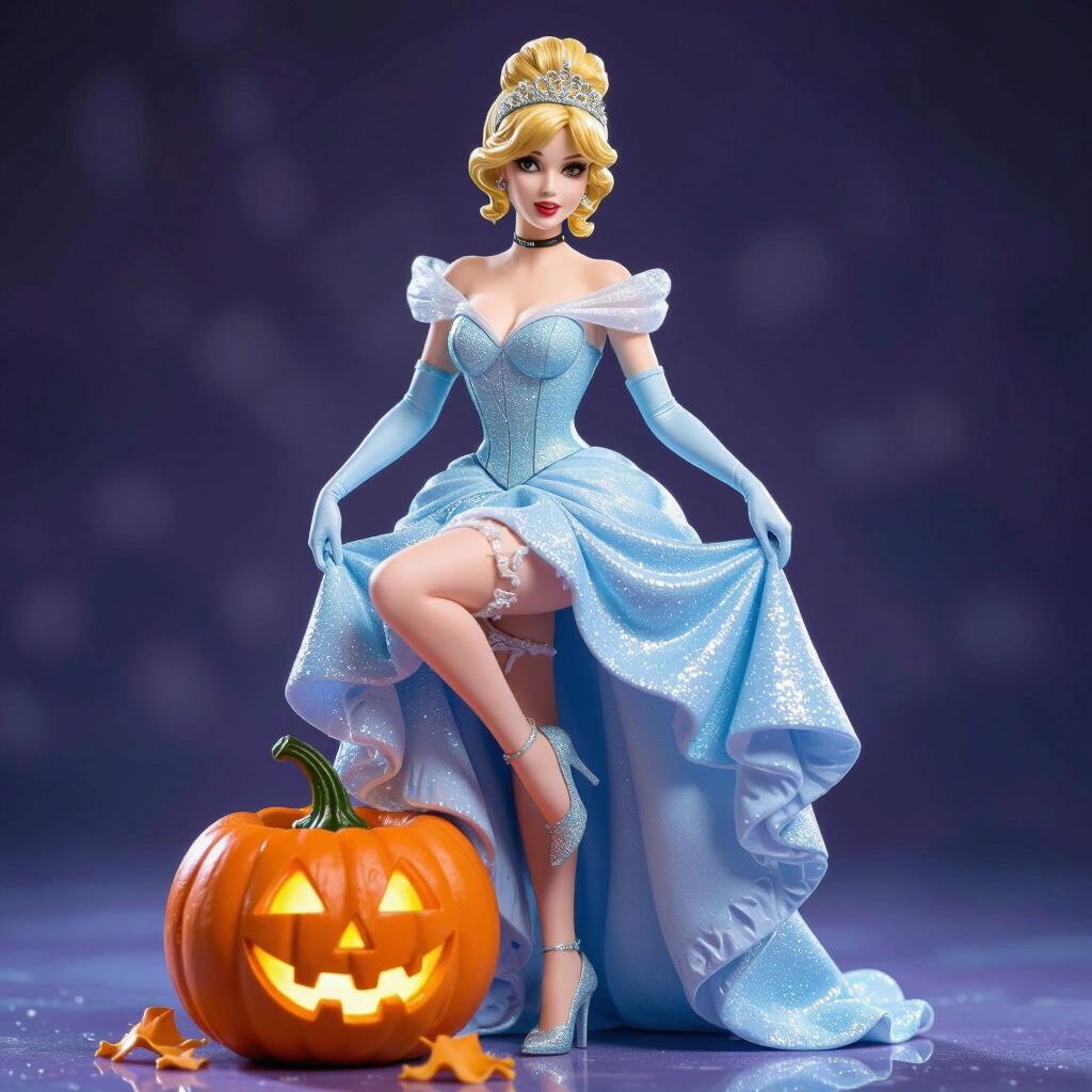 Ultra-detailed resin figurine of Cinderella. Fair-skinned woman with sensual figure and half-up blonde hair. Wears sparkling tiara and elegant blue dress. Leg raised on magical pumpkin. Adjusting thigh garter playfully. Elegant glass slippers. Base decorated with broken pumpkins and magical debris. Strong silhouette in detailed, narrative style.