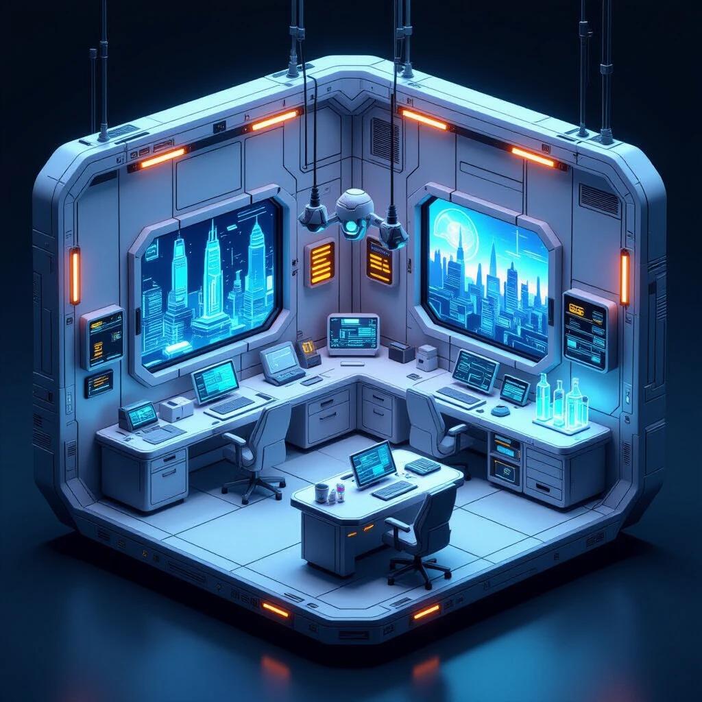 Highly detailed isometric illustration of a sci-fi control room Focus on architectural clarity Show clear boundaries of walls floors and ceilings Include sleek metallic walls observation windows sliding glass doors workstations holographic interfaces robotic arms lab tables glowing storage units Floating holograms energy conduits wall-mounted monitors ventilation systems Neutral lighting with cool neon accents No people Muted color palette with minimal post-processing