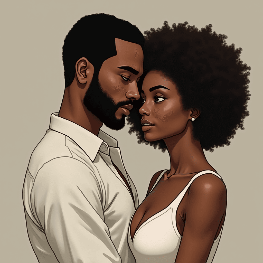 The image portrays a digitally illustrated intimate moment between a couple. The man has short black hair and a beard, wearing a white shirt. The woman has voluminous curly hair and wears a white tank top. They are facing each other closely, creating a romantic and tender atmosphere with a neutral beige background.