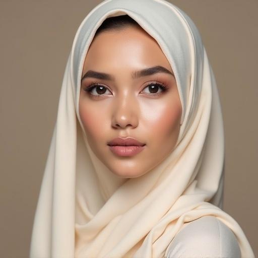 High-detail portrait of a young Indonesian woman wearing an elegant cream hijab with natural makeup. Focuses on half body looks and soft lighting.