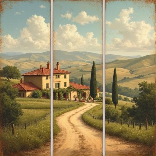 Vintage Egyptian oil painting triptych featuring rustic farmhouse landscapes with rolling hills and quaint village cottages. Each panel is slightly weathered with an antique look and soft earthy tones. The brushstrokes mimic traditional oil painting techniques, creating a serene and timeless mood ideal for French country decor.