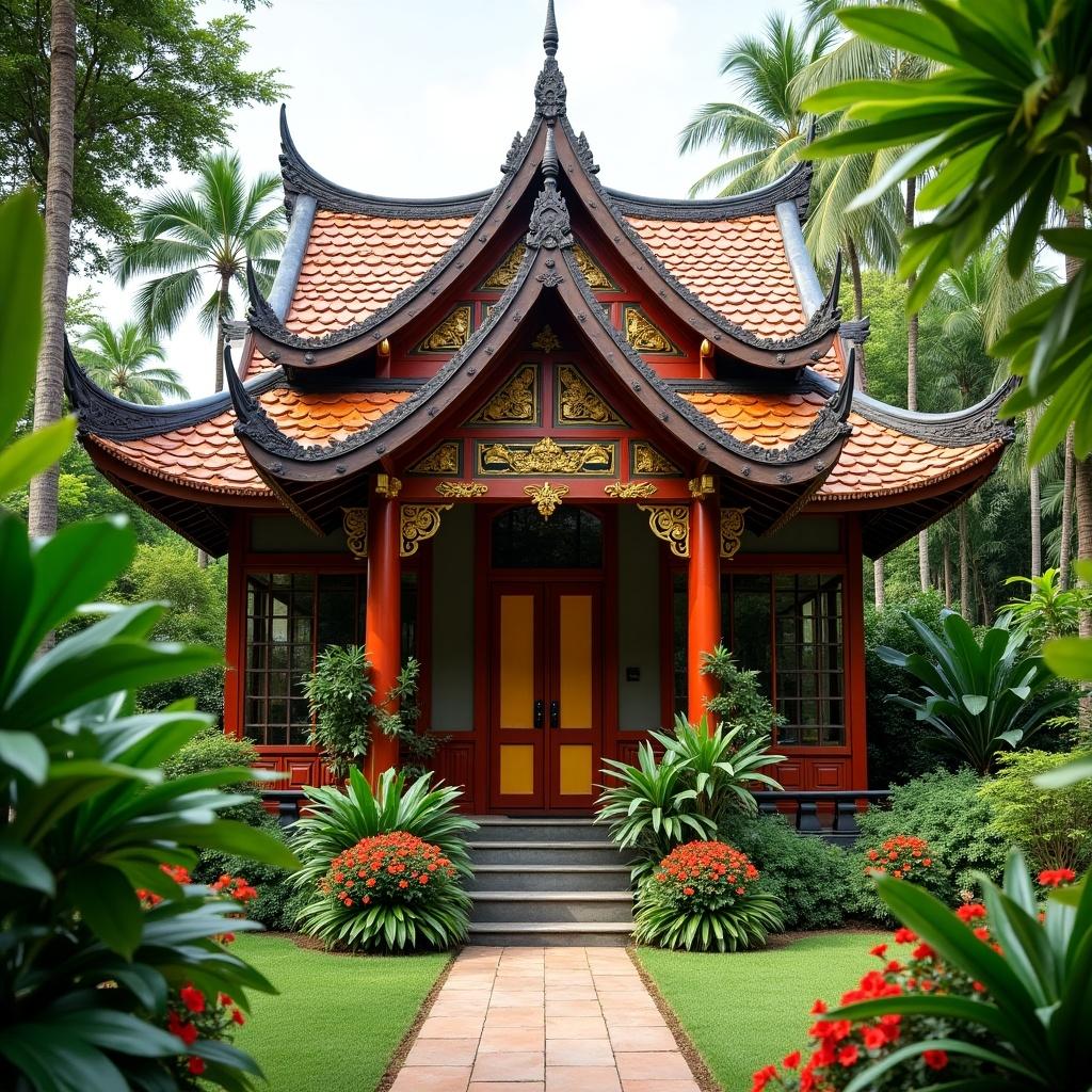 This image depicts a charming oriental-style house set in a tropical environment. The house features intricate architectural details, vibrant colors, and a beautifully landscaped garden. Lush greenery and colorful flowers frame the entrance, creating a serene atmosphere. The building's design showcases traditional Asian elements, inviting visitors to explore its unique architecture. This picturesque scene captures the essence of tranquility and exotic beauty.