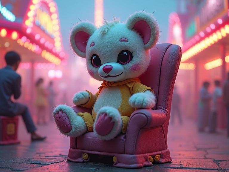 Image shows a cute male chibi teddy bear sitting in a chair. The teddy bear has playful colors and stitched details. Background features a carnival vibe with vibrant neon lights and pastel fog creating a magical atmosphere. A feel of surrealism and whimsy abounds.