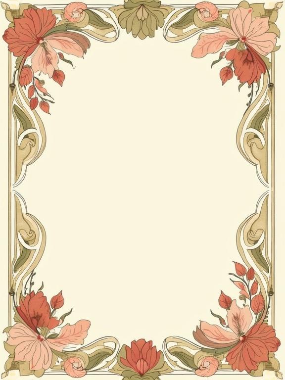 Poster design with a blank interior for future content. Frame features ornate floral motifs. Colors include pastel tones and soft golds. Curving lines showcase organic elegance of Art Nouveau. Design is mirrored vertically and highly decorative with flowing lines and natural patterns.