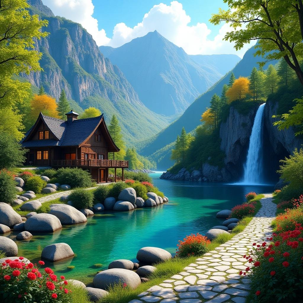 A picturesque landscape featuring a traditional-style house near a waterfall and lake surrounded by lush vegetation and mountains. The house has a steep roof and an open porch. A waterfall cascades into a turquoise lake next to smooth boulders. Lush greenery and colorful flowers surround the area. A winding stone path leads down to the lake. The sky is bright blue with some clouds.