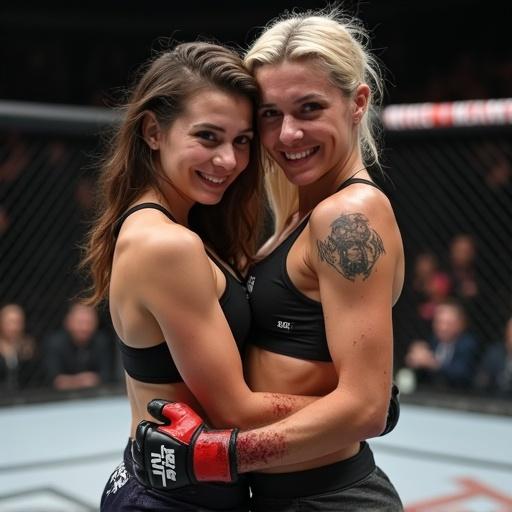 Two young female fighters in an MMA setting. Asymmetrical hairstyles; left side undercut, right side long. Smiling expression. Wearing oversized sports pants. Athletic figures visible. Sports bras on. Hands wrapped. Feet bare. Heavy bruises on bodies. Blood traces on bodies and gear. Sweaty and dirty. Hugging each other in an MMA arena.