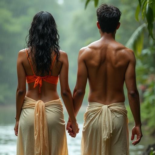 A drenched couple walks hand-in-hand in Kerala. The girl wears a bright orange bikini with spaghetti straps. She has a wet cream silk dhoti wrap. The couple stands close under drizzle near water. Lush greenery surrounds them.